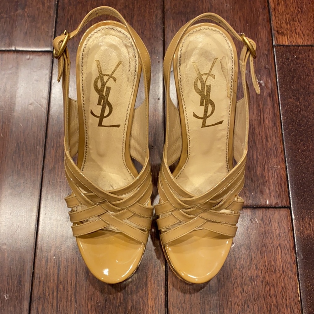 YSL nude and gold platform sandals